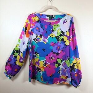 Lauren Ralph Lauren Silk Tunic Blouse XL Balloon Sleeve Colorful Artsy Bold Luxe